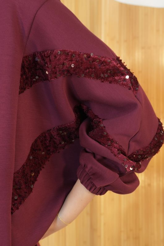 Soft Tech Sequin Sleeve Sweatshirt Burgundy /8=